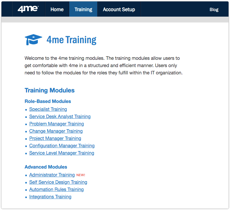 A screen shot of the 4me training page