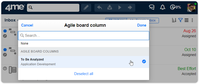 Filter inbox agile board column