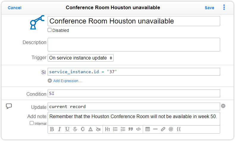 Automation rule trigger service instance