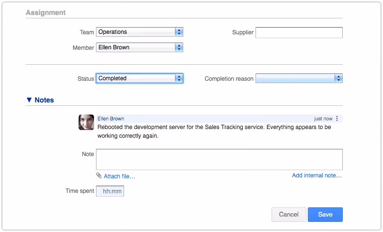 Request set to status Completed with optional Note field