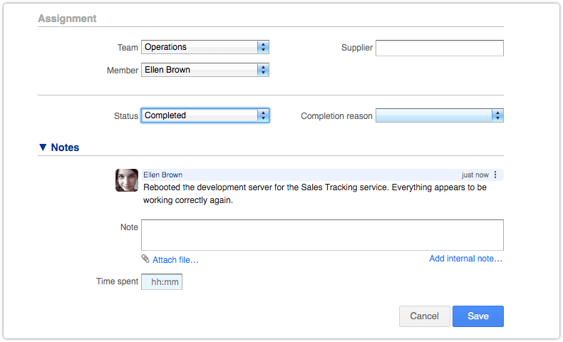Request set to status Completed with optional Note field