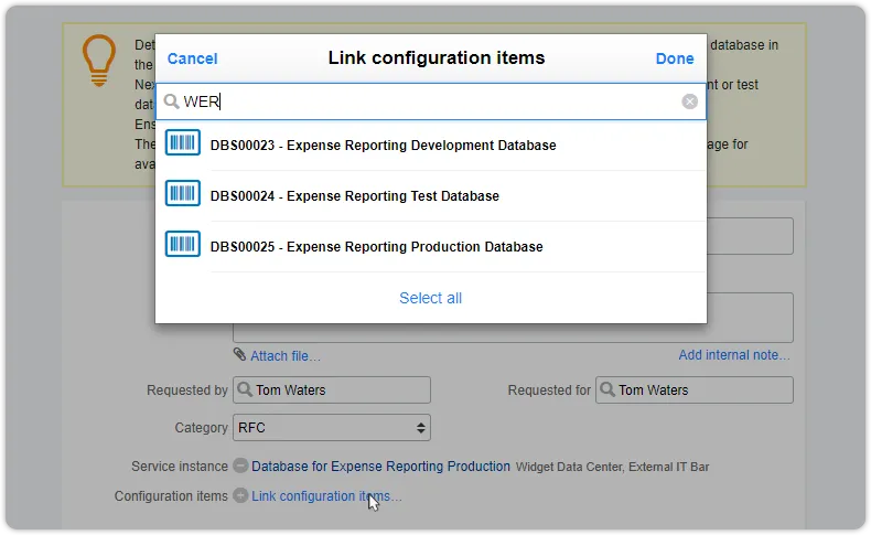 Link configuration item to request