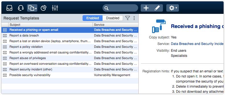 Data protection request template examples in 4me demo data