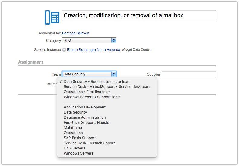 Team field of request without responsibility