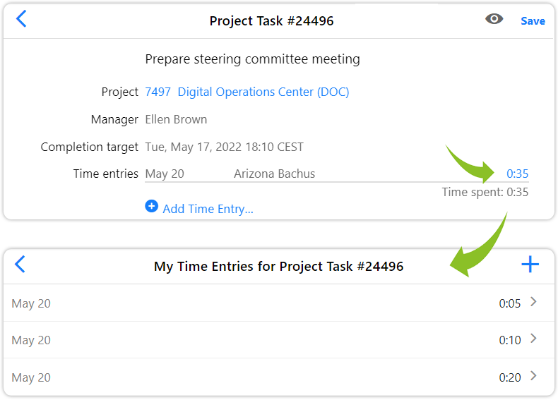 Project task consolidated time entries self service