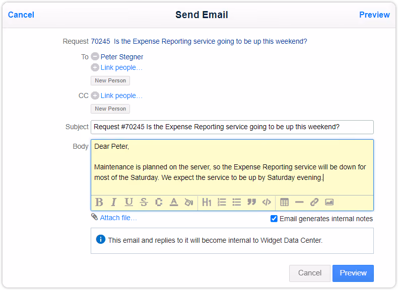 Email internal note