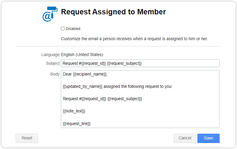 Reset button email template