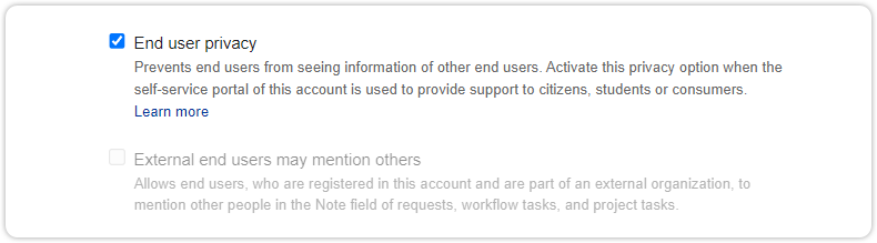 End user privacy account settings