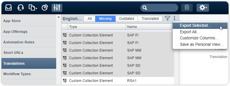 Export selected records translations