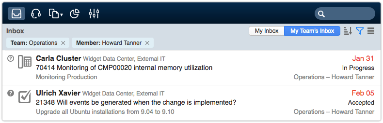 My Team's  Inbox view filtered on a team and member