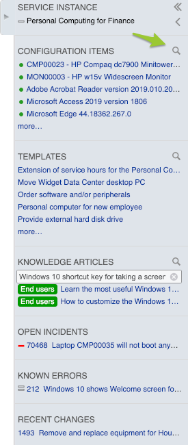 Search icon for configuration items in SHB