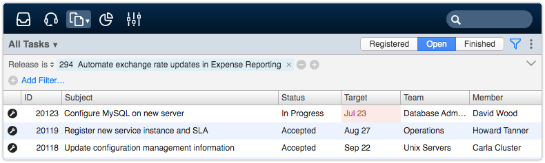 Tasks view filtered by release