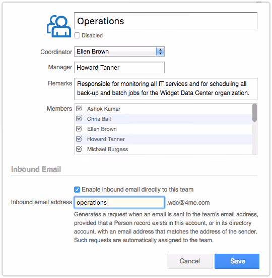 Inbound email address for a team