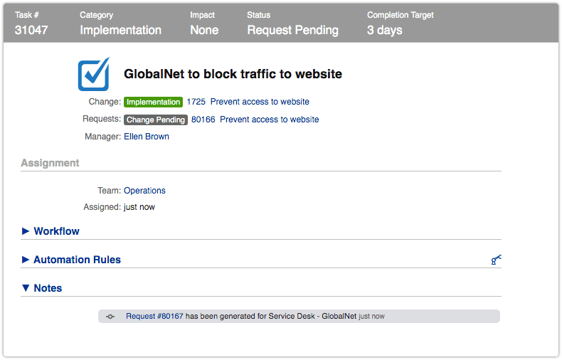 Task that generated a new request with the status Request Pending