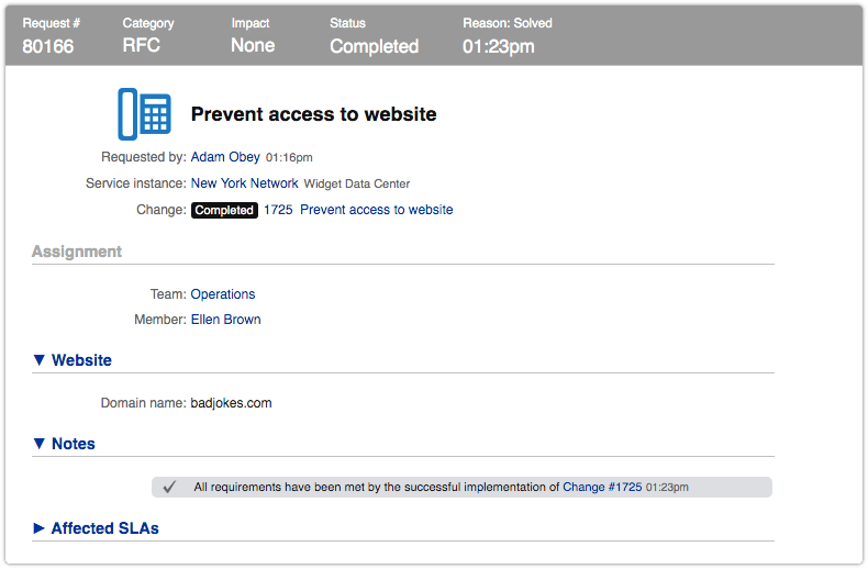 Request completed automatically after completion of change
