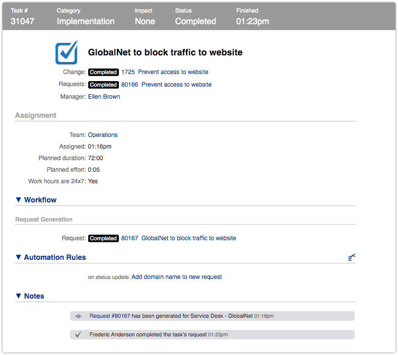Task that generated a new request after status was updated to Completed