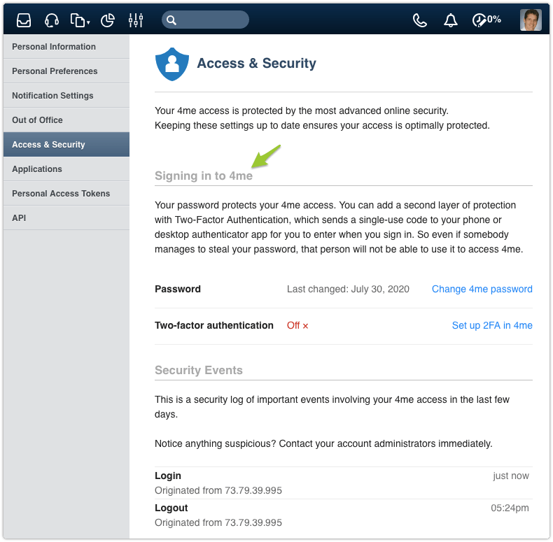 Access and Security section in 4me