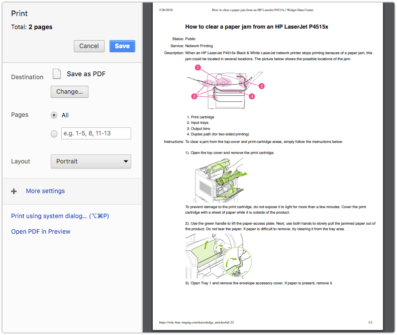 Print preview of a knowledge article