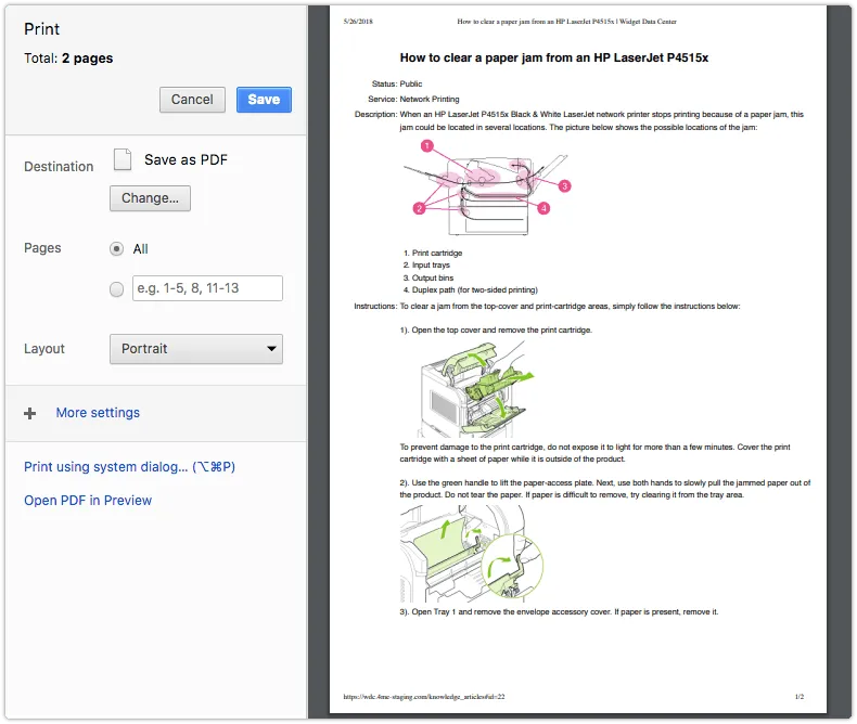 Print preview of a knowledge article