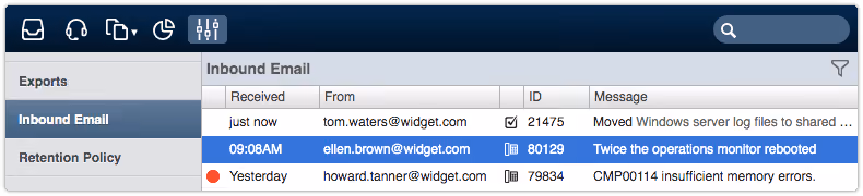 Inbound Email view in 4me Settings console