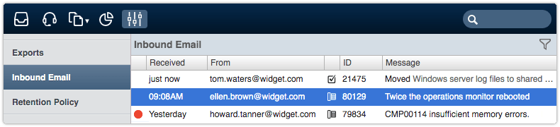 Inbound Email view in 4me Settings console