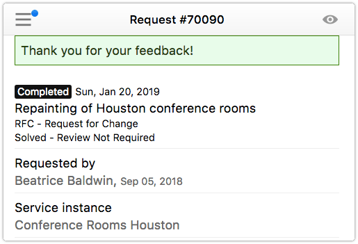 Thank you for your feedback message displayed in 4me Self Service