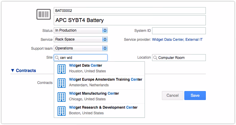 Site selection in configuration item record