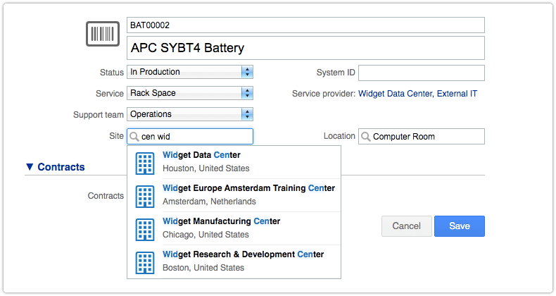 Site selection in configuration item record
