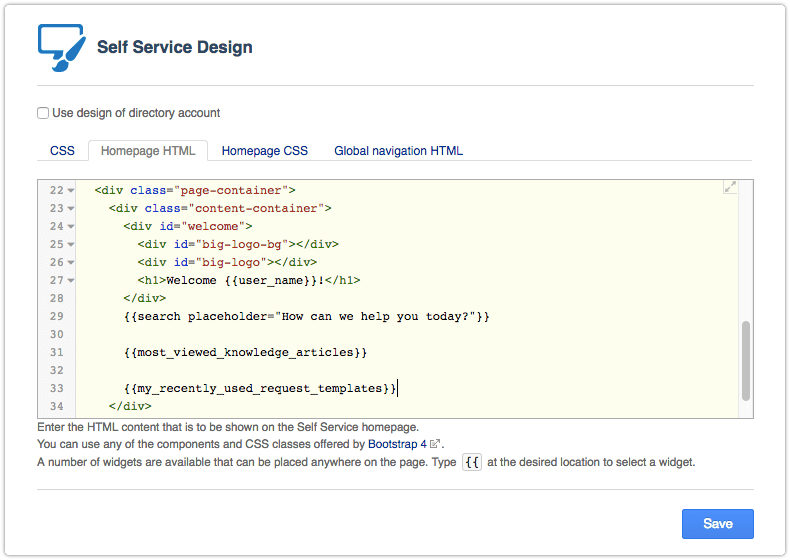 Self Service Design section of the Settings console