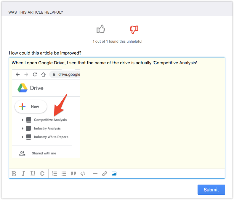 Knowledge article feedback with inline image
