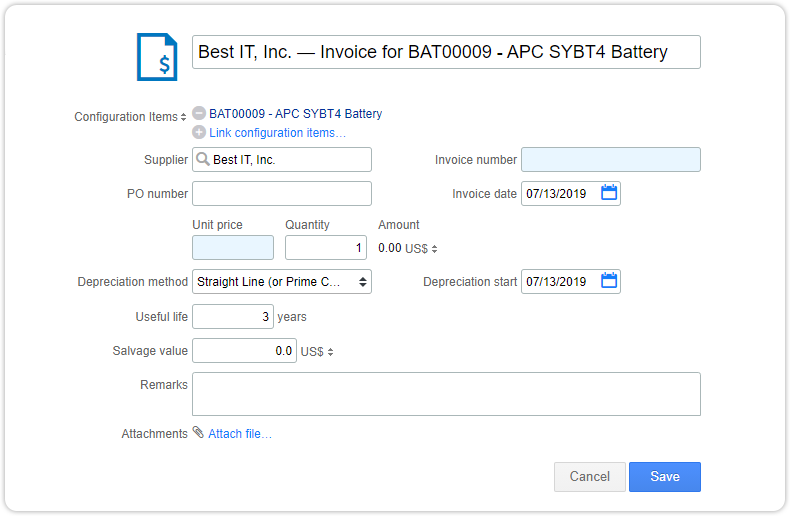 Invoice form with automatically populated fields
