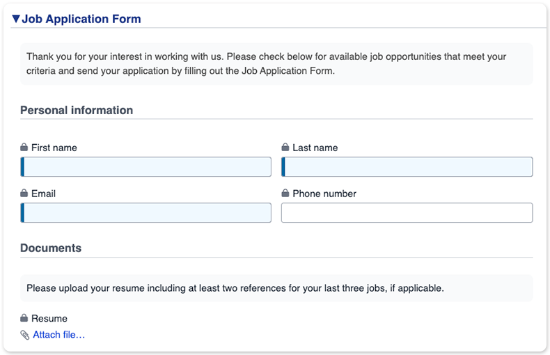 A job application form for a job application