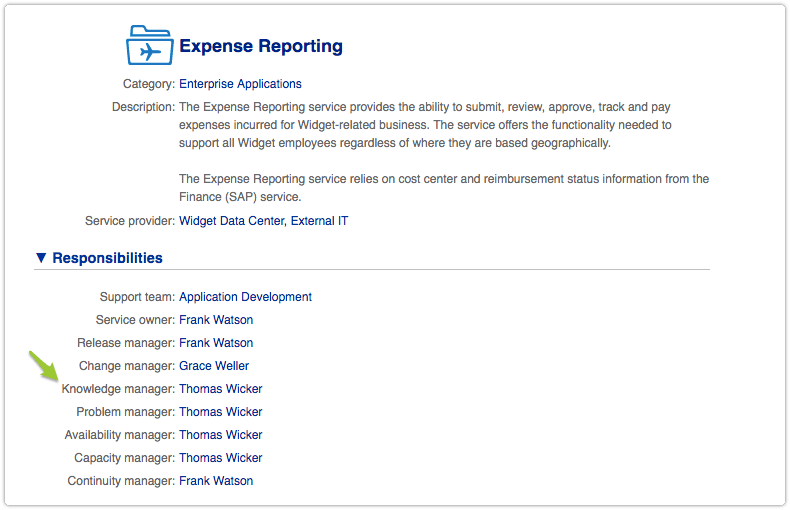 Knowledge manager of a service
