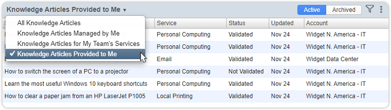 Knowledge articles provided to me-view