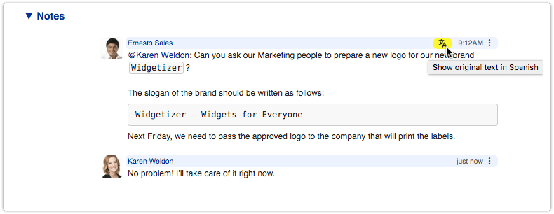 Translated note with mouse-over tooltip