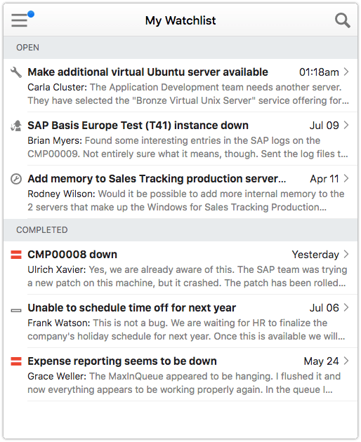 My Watchlist - Open and completed items