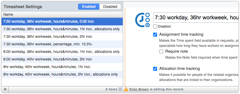 Timesheet settings records with collision detection