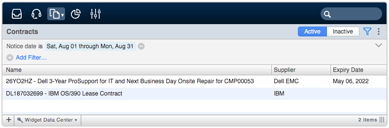 Contracts view filtered by notice date-range
