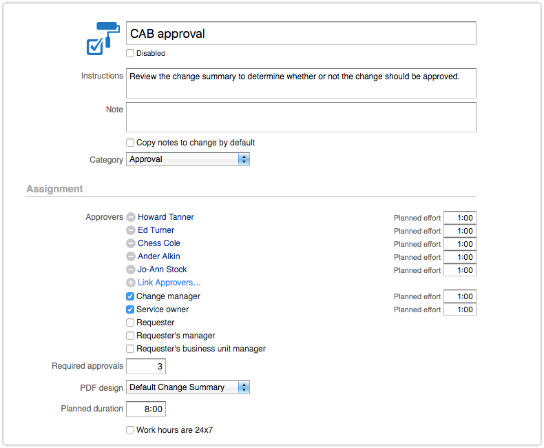Approval task with planned effort and planned duration fields