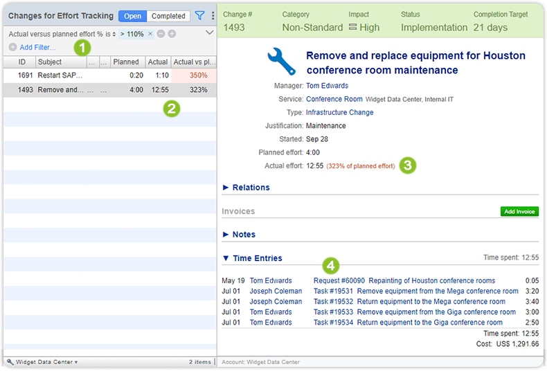 Changes to change view planned vs actual