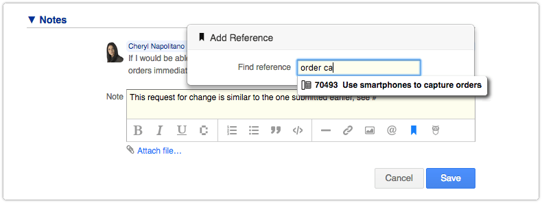 Selecting a reference in the Note field of a request
