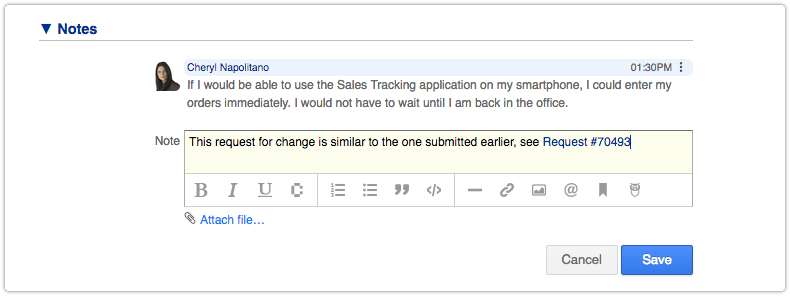 The Note field of a request in Edit mode with a reference
