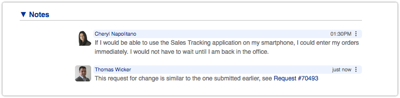 The Note field of a request in View mode with a reference