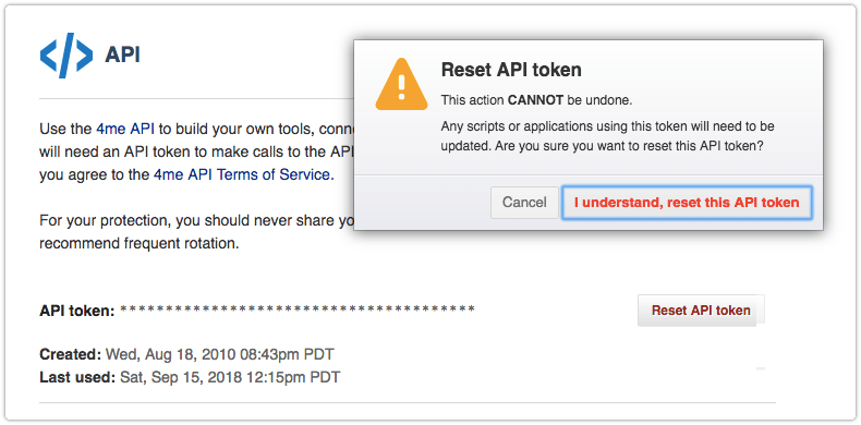 Warning message before reset of 4me API  token