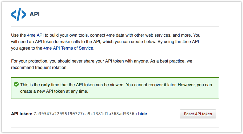 4me API token is visible only once after reset