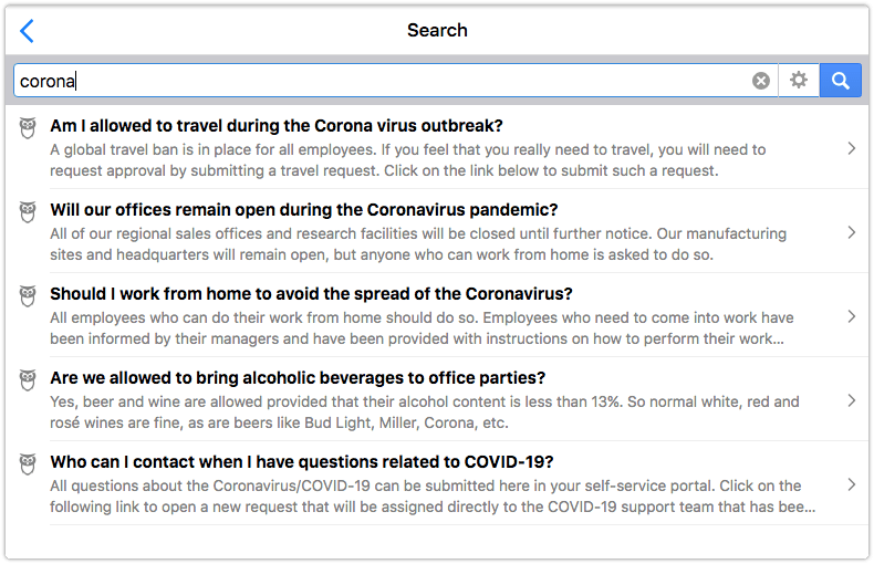 COVID-19 knowledge articles in 4me Self Service