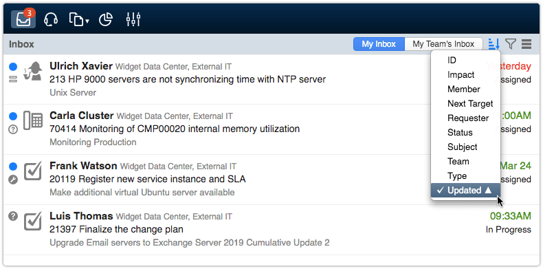 Inbox view sorted by last updated