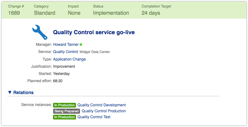 Service instance status visible in change relations section