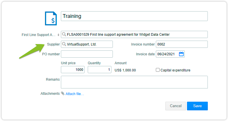 Linked invoice with selected supplier