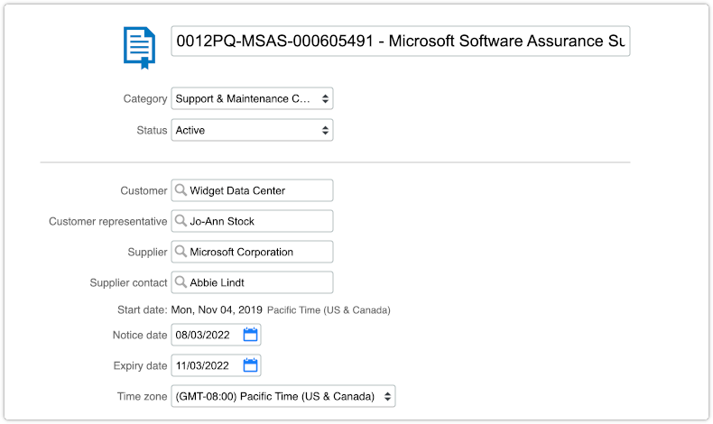 Software contract with supplier contact